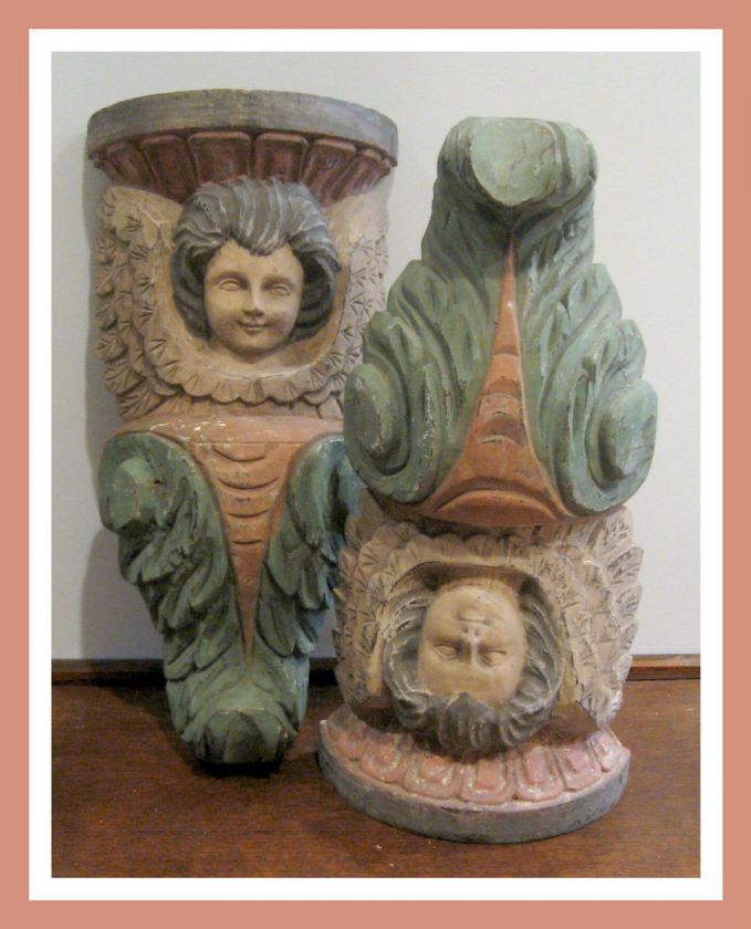 Pair Vintage Wood Carved Folk Art Primitive Cherub Angel Figure Corbel 