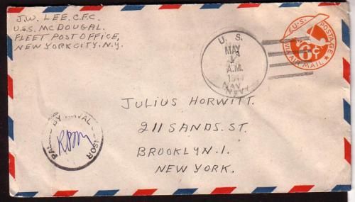 1944 WWII Navy censor air cover destroyer USS McDougal  
