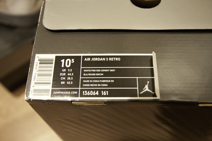 DS RARE Nike Air Jordan Retro 3 III FIRE RED CEMENT sz 10.5 BRAND NEW 