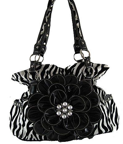 Black Zebra Flower Rhinestone Fashion Handbag Purse  