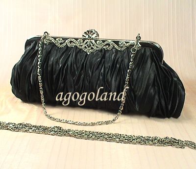 Black Satin Evening Purse   Elegant Crystal Fancy Clasp Clutch Handbag 