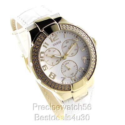 NEW GUESS WOMENS WATCH WHITE LEATHER BRACELET GOLD SWAROVSKI CRYSTALS 