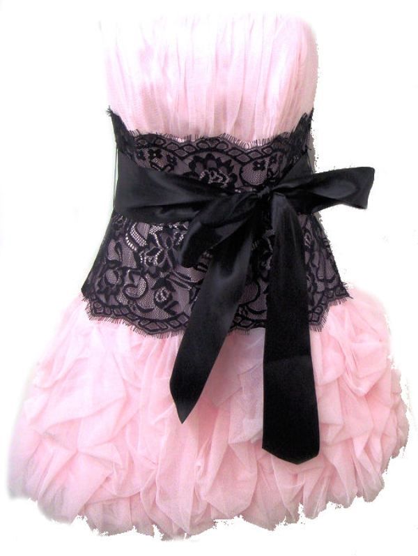 NWT Jessica McClintock Short Pink Netting Black Lace Dress Size 2 