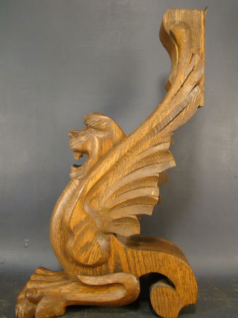 ANTIQUE Wood CARVED Winged GRIFFIN Old LION STATUE  