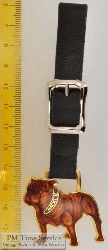   strap pocket watch fob, gold toned & enamel Mack bulldog shield  