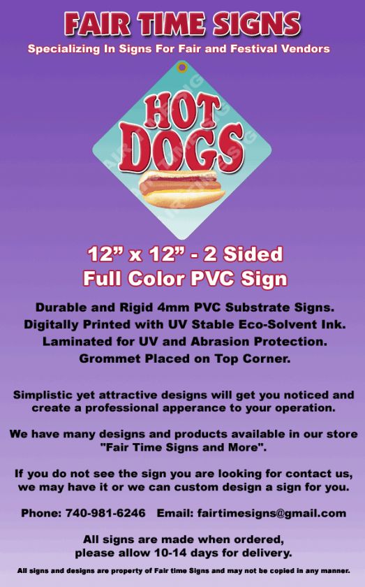 HOT DOG Concession Sign   Diamond PVC Full Color Laminated Sign 